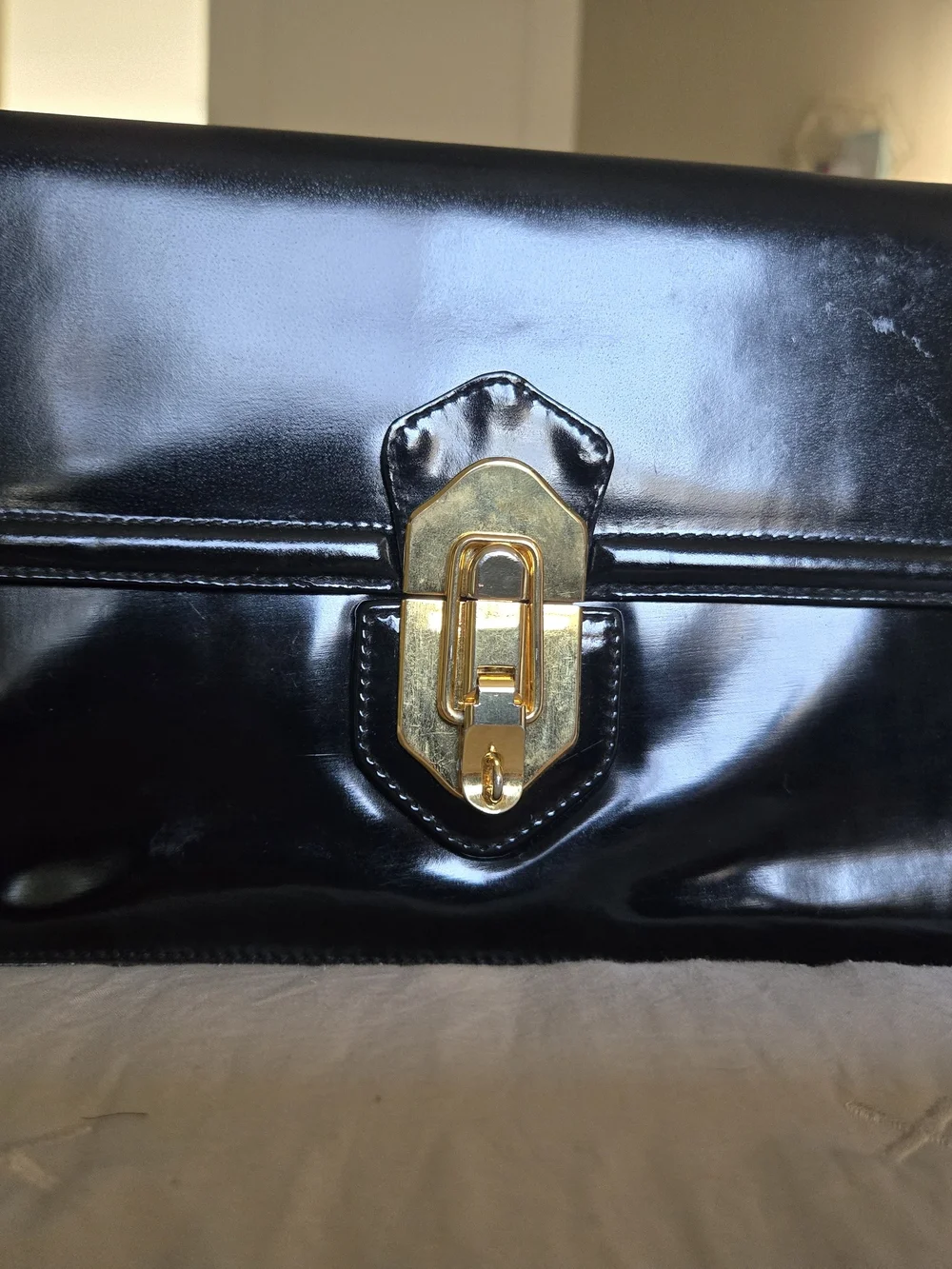 Black Patent Leather Clutch with Gold Lock